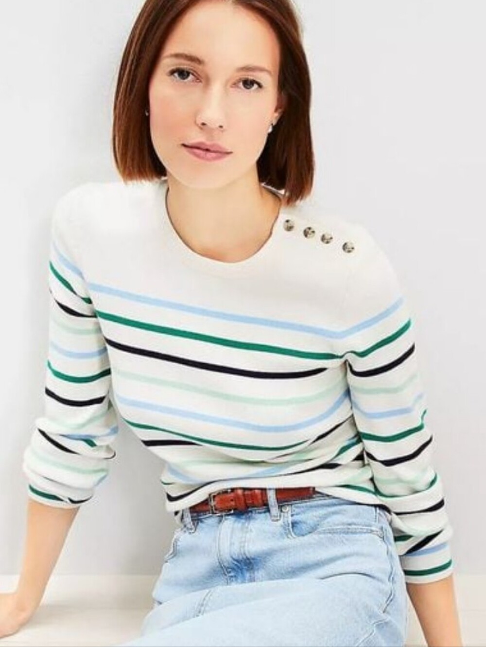 LOFT Women's Cream Striped Button-Shoulder Sweater Button Details Medium